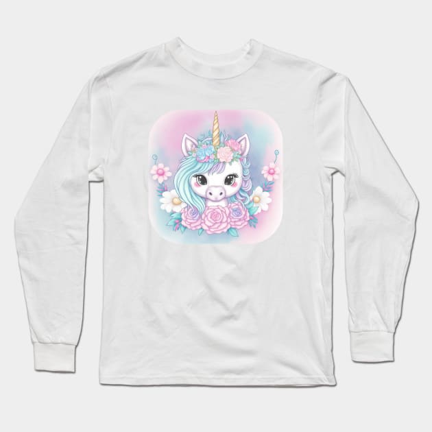 Cute Pastel Rainbow Unicorn Flowers Long Sleeve T-Shirt by MythicPrompts